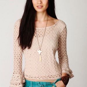 Free People Nude Lace Crochet Bell Sleeve Top